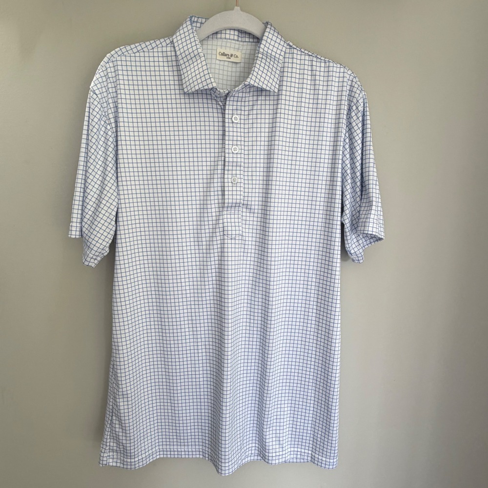 Collars & Co Original Dress Collar Polo Blue Grid Check Short Sleeve Performance